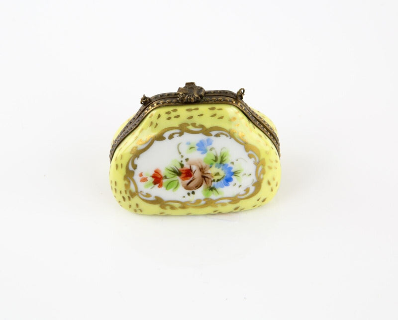 LIMOGES, FRANCE YELLOW FLORAL HANDBAG PURSE ENAMEL TRINKET PILL JEWELLERY BOX