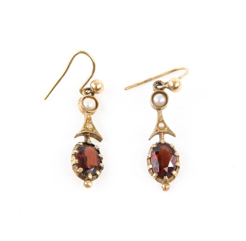 9ct YELLOW GOLD & AMETHYST/PEARL DROP EARRINGS, STAMPED, 1.7g