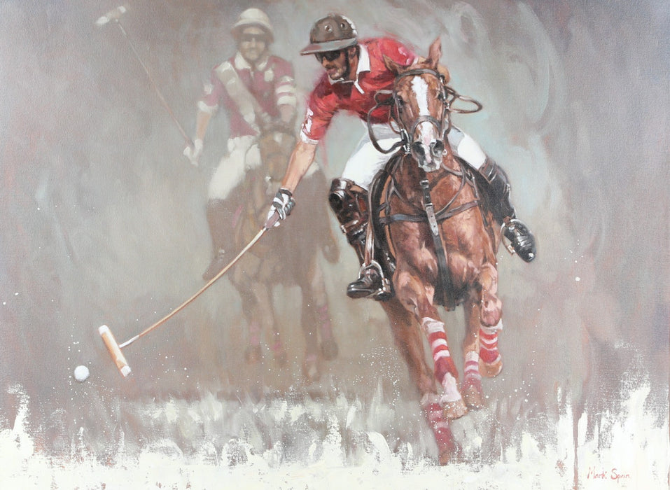 MARK SPAIN, 'POLO WITH TWO PLAYERS', HORSES, LARGE ORIGINAL OIL PAINTING, SIGNED