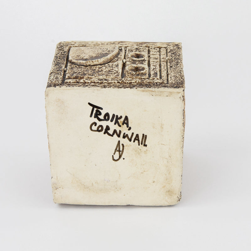 ANNE JONES for TROIKA - CORNWALL STUDIO ART POTTERY BROWN CUBE VASE, SIGNED