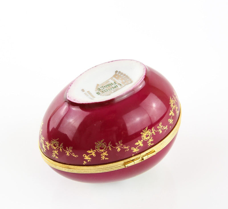 LIMOGES, FRANCE BURGANDY MUSICAL SCENE FRAGONARD EGG ENAMEL TRINKET PILL BOX