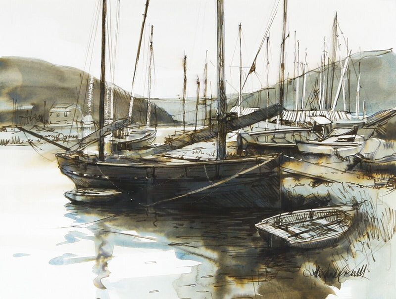 ALEXANDER CRESWELL, 'GWEEK BOATYARD', CORNWALL BOATS WATERCOLOUR PAINTING SIGNED