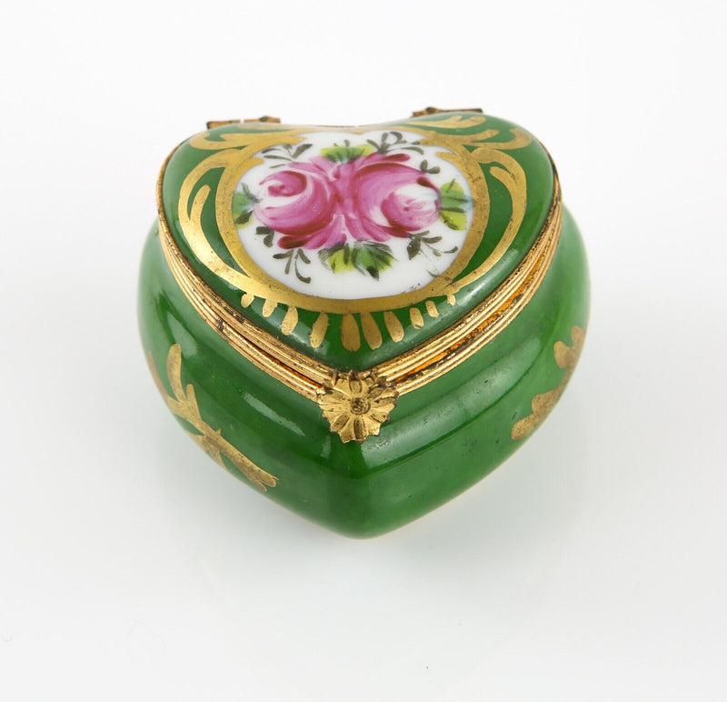 LIMOGES, FRANCE GREEN AND PINK FLORAL HEART ENAMEL TRINKET PILL JEWELLERY BOX