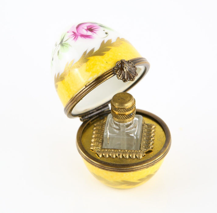 LIMOGES, FRANCE YELLOW FLORAL PERFUME BOTTLE EGG ENAMEL TRINKET PILL BOX