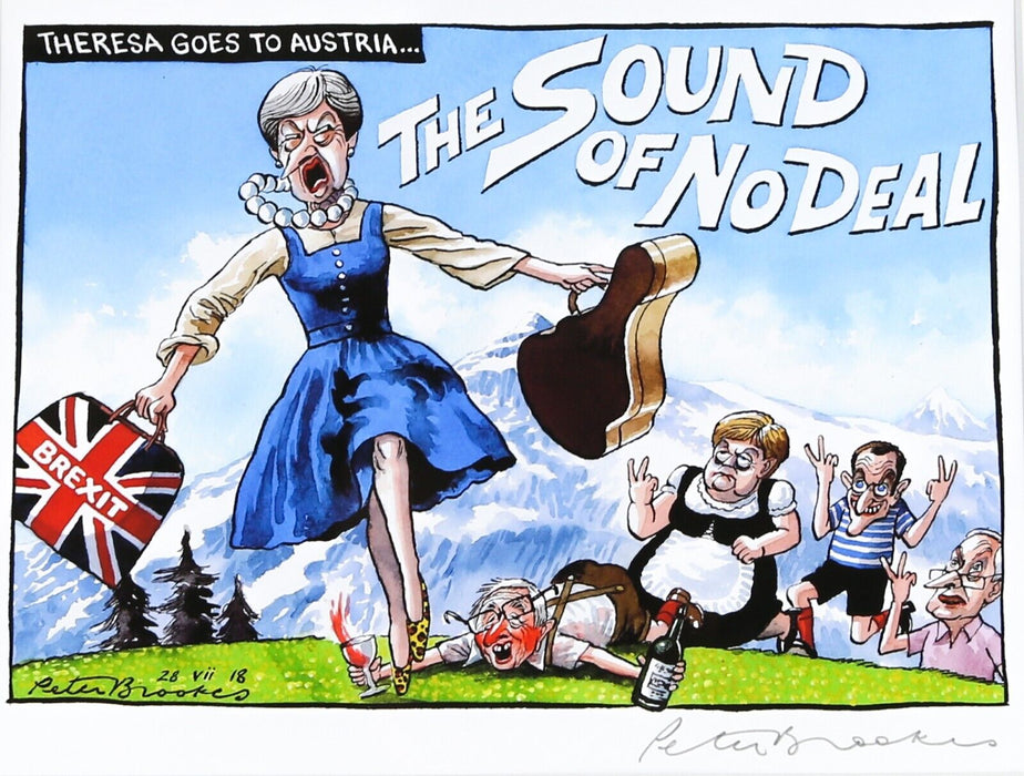 PETER BROOKES, 'THERESA MAY GOES TO AUSTRIA', SATIRICAL CARTOON PRINT, SIGNED