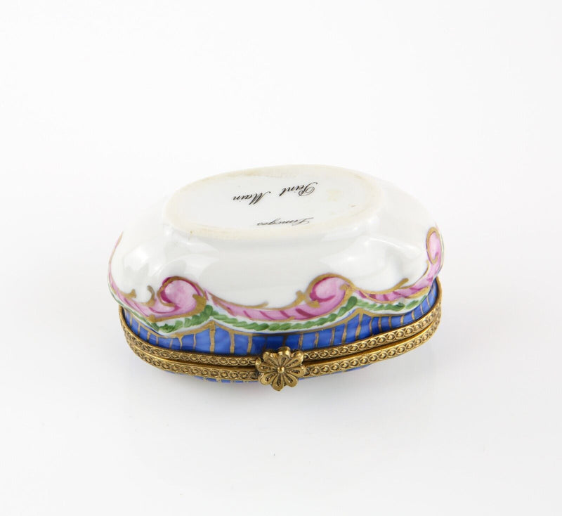 LIMOGES, FRANCE BLUE STRIPES AND PINK FLORAL ENAMEL TRINKET PILL JEWELLERY BOX