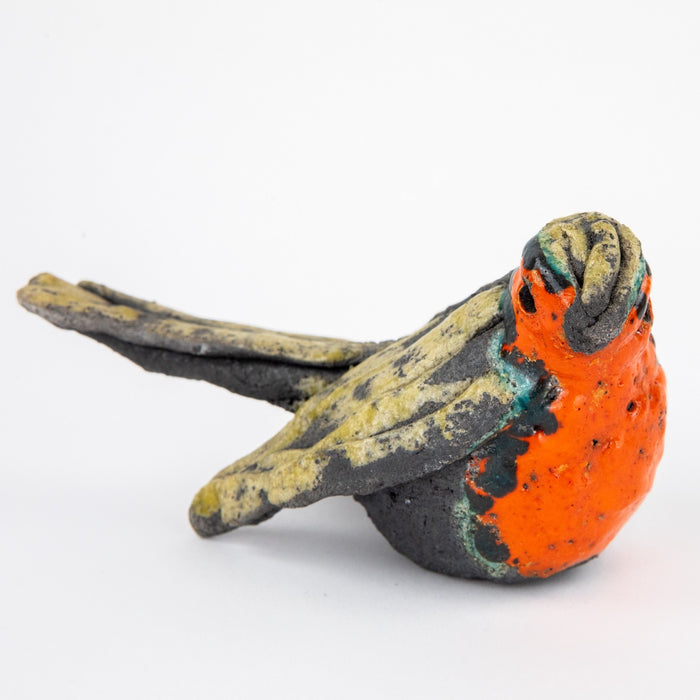 ROSEMARY WREN, OXSHOTT POTTERY - ROBIN, STUDIO ART RAKU BIRD FIGURE MODEL SIGNED
