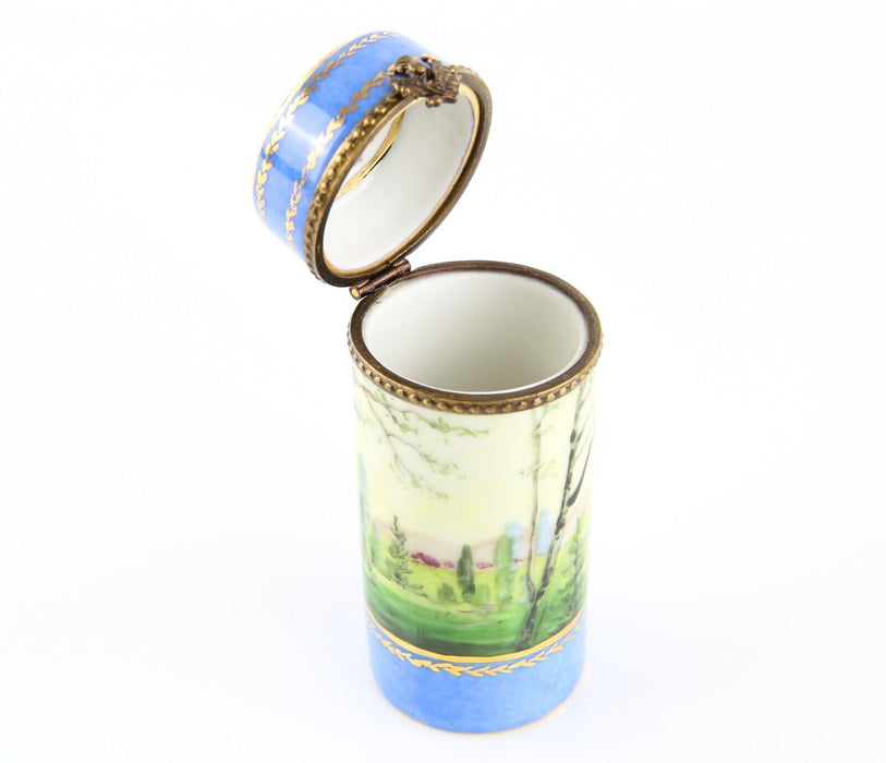 LIMOGES, FRANCE BLUE TREE SCENE PAINTED ENAMEL SCENT BOTTLE TUBE PILL BOX measur