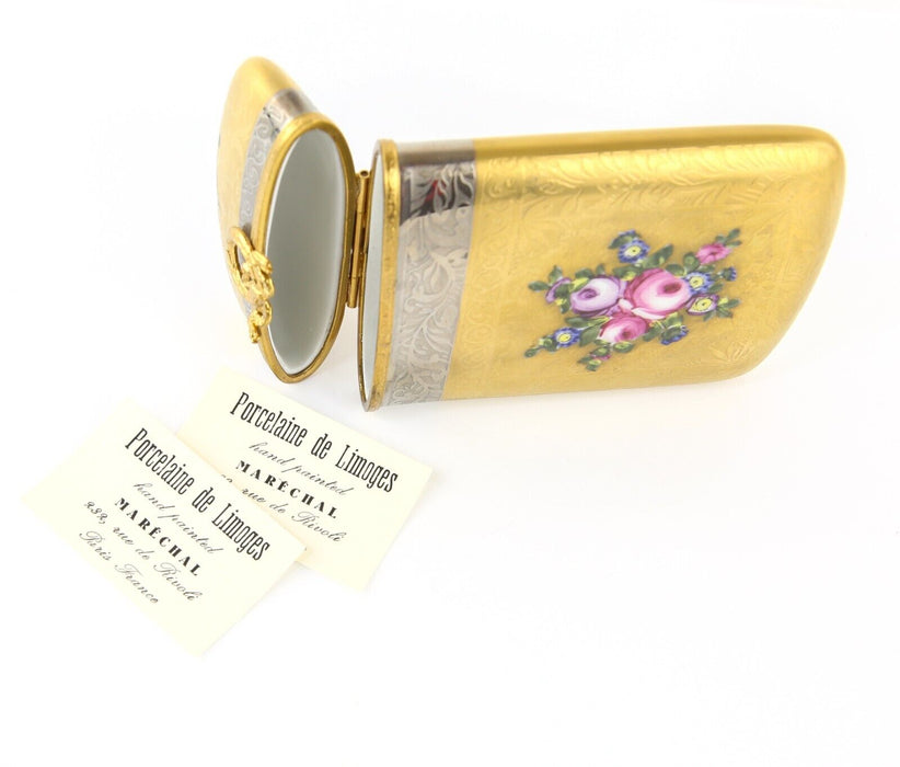 LIMOGES, FRANCE GOLD METAL EMBOSSED FLORAL RECTANGLE PILL MATCH BOX