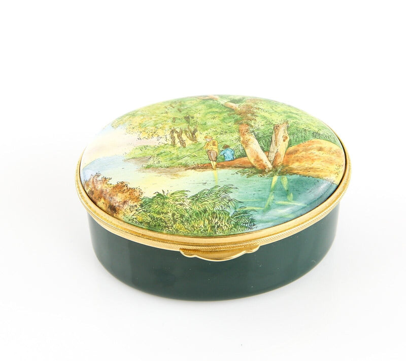 STAFFORDSHIRE FISHING NATURE SCENE ENAMEL TRINKET PILL JEWELLERY BOX