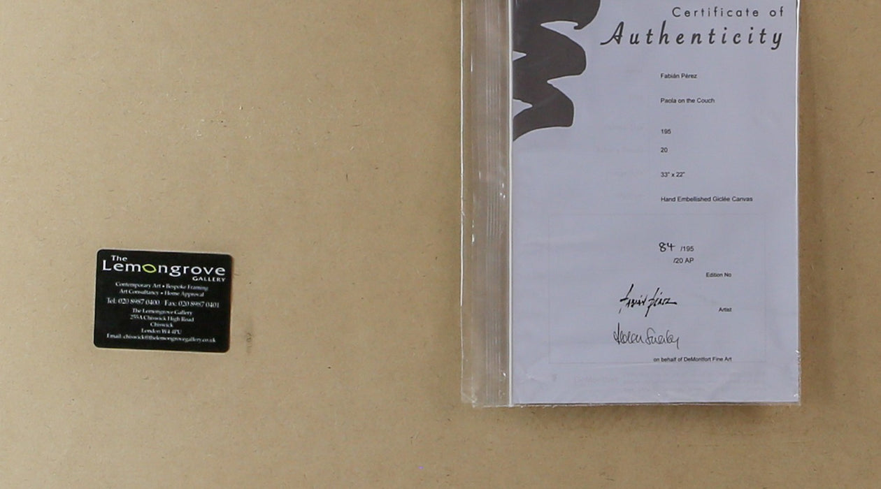 FABIAN PEREZ 'PAOLA ON THE COUCH' LARGE LIMITED EDITION CANVAS PRINT 84/195 COA