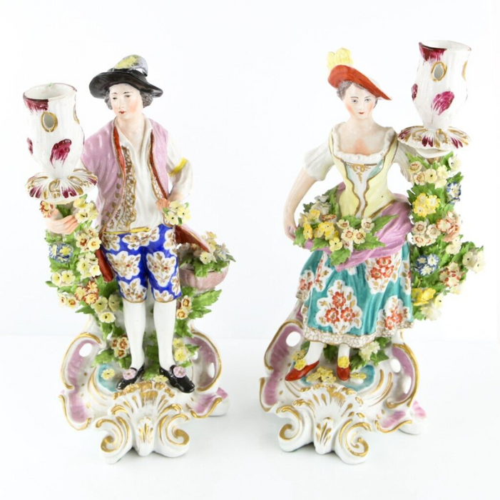 PAIR OF 18TH CENTURY CHELSEA PORCELAIN COUPLE FIGURES FLORAL CANDLESTICK HOLDERS