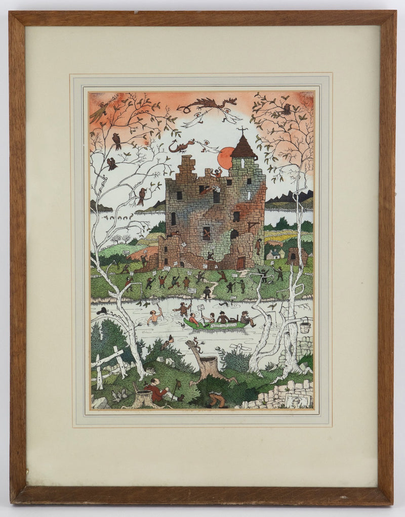 MURRAY MACPHERSON TOD, 'ANCIENT CASTLE', ORIGINAL INK & WATERCOLOUR PAINTING