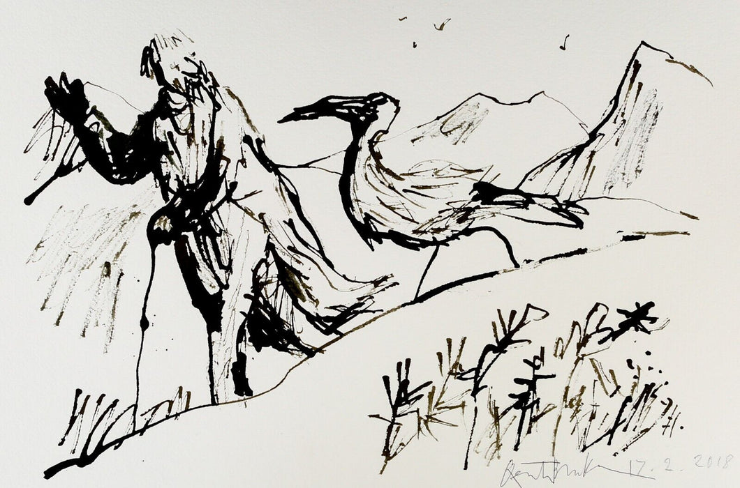 QUENTIN BLAKE, WALKING WITH THE BIRDS, ORIGINAL INK & WATERCOLOUR ARTWORK SIGNED