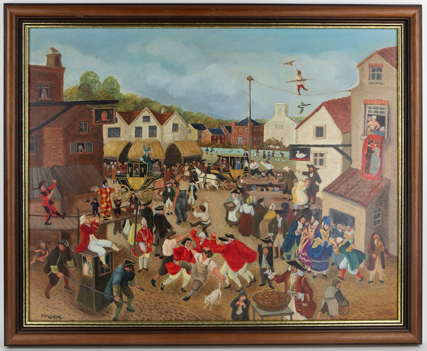 MARGARET LOXTON, 'THE MAY FAIR c.1750', LARGE ORIGINAL OIL PAINTING, SIGNED