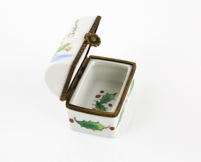 LIMOGES, FRANCE 'MERRY CHRISTMAS' CHEST SHAPE ENAMEL TRINKET PILL JEWELLERY BOX