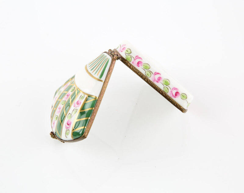 LIMOGES, FRANCE GREEN AND PINK FLORAL FAN SHELL SHAPE ENAMEL TRINKET PILL BOX