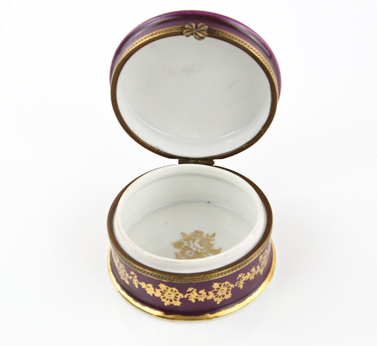 LIMOGES FRANCE BURGANDY GOLD TRIM FLORAL ROUND ENAMEL TRINKET PILL JEWELLERY BOX