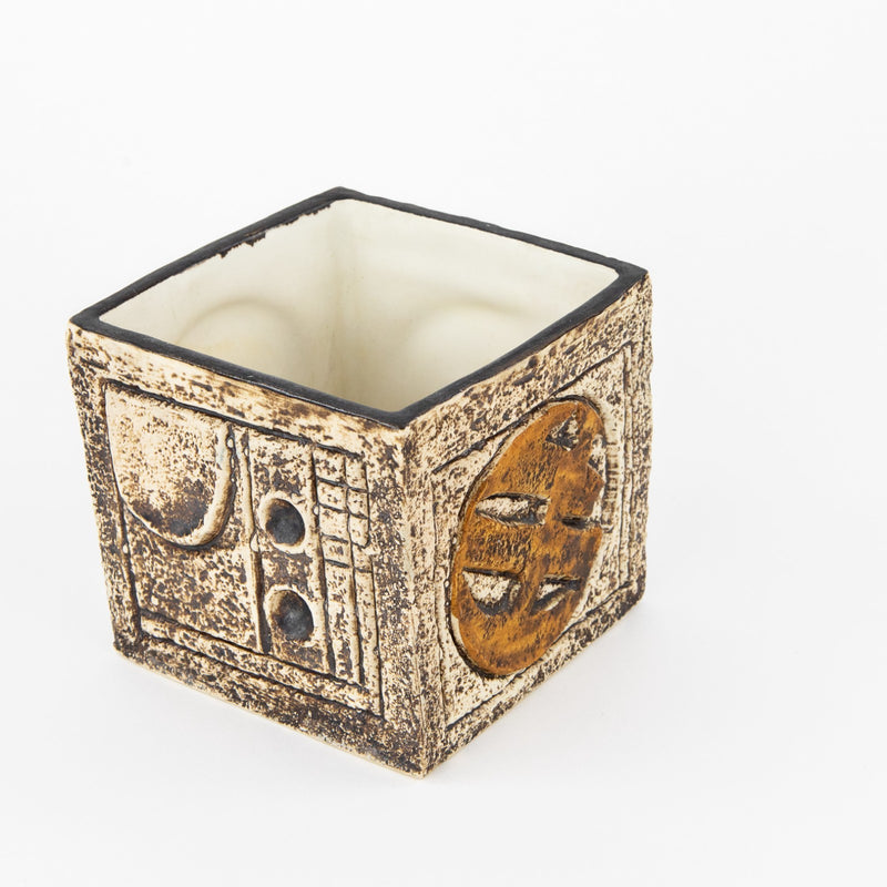 ANNE JONES for TROIKA - CORNWALL STUDIO ART POTTERY BROWN CUBE VASE, SIGNED