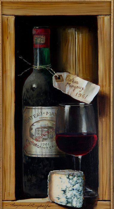 RAYMOND CAMPBELL, FINE WINE AND CHEESE, STILL LIFE, OIL PAINTING, SIGNED