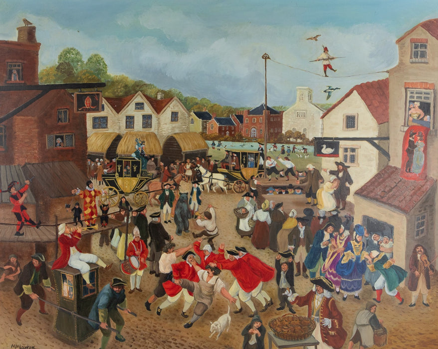 MARGARET LOXTON, 'THE MAY FAIR c.1750', LARGE ORIGINAL OIL PAINTING, SIGNED