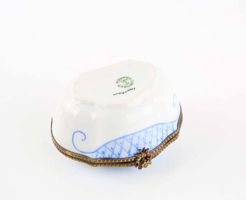 LIMOGES, FRANCE BLUE CROSS AND PINK FLOWERS ENAMEL TRINKET PILL JEWELLERY BOX