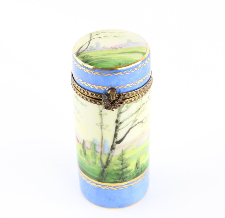 LIMOGES, FRANCE BLUE TREE SCENE PAINTED ENAMEL SCENT BOTTLE TUBE PILL BOX measur