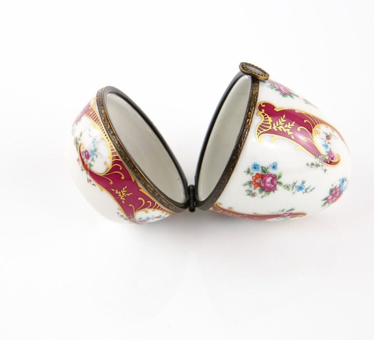 LIMOGES, FRANCE BURGUNDY AND FLORAL EGG ENAMEL TRINKET PILL JEWELLERY BOX