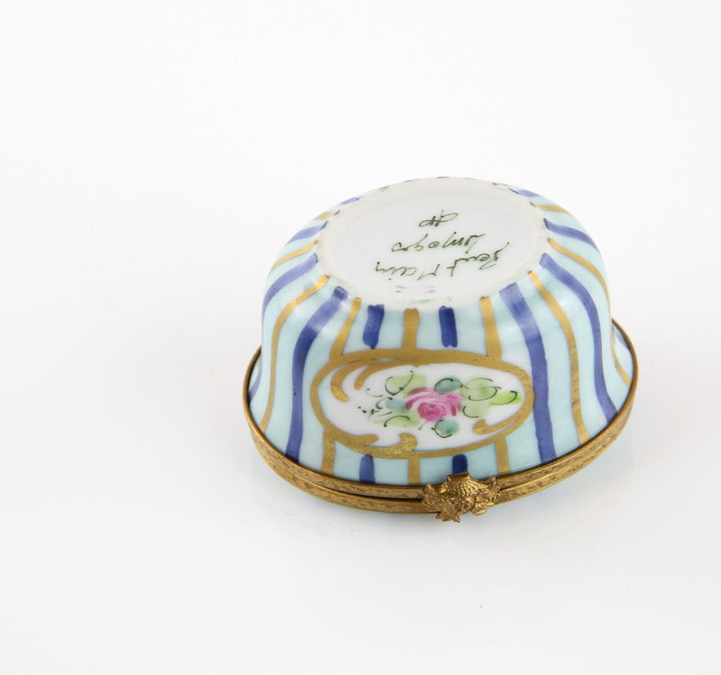 LIMOGES, FRANCE BLUE STRIPE ROSE OVAL ENAMEL TRINKET PILL JEWELLERY BOX