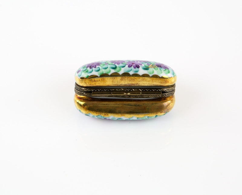 LIMOGES, FRANCE PURPLE FLORAL HANDBAG PURSE ENAMEL TRINKET PILL JEWELLERY BOX