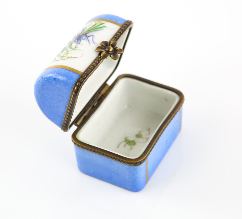 LIMOGES, FRANCE BLUE FLORAL CHEST TRUNK ENAMEL TRINKET PILL JEWELLERY BOX