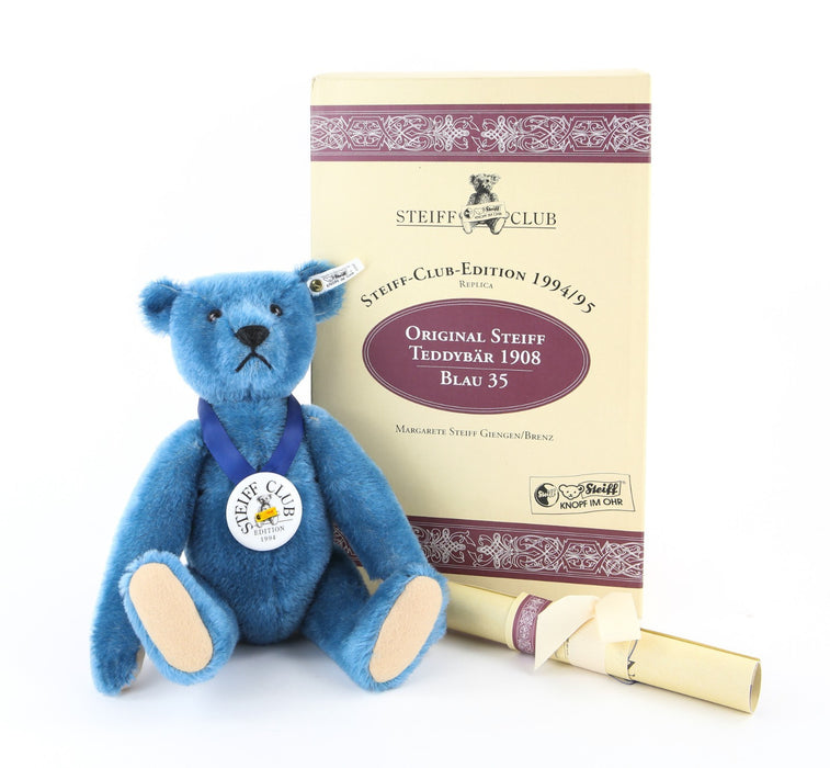 STEIFF 'TEDDYBÄR 1908 BLAU 35' LIMITED EDITION BLUE TEDDY BEAR 420047, BOXED COA