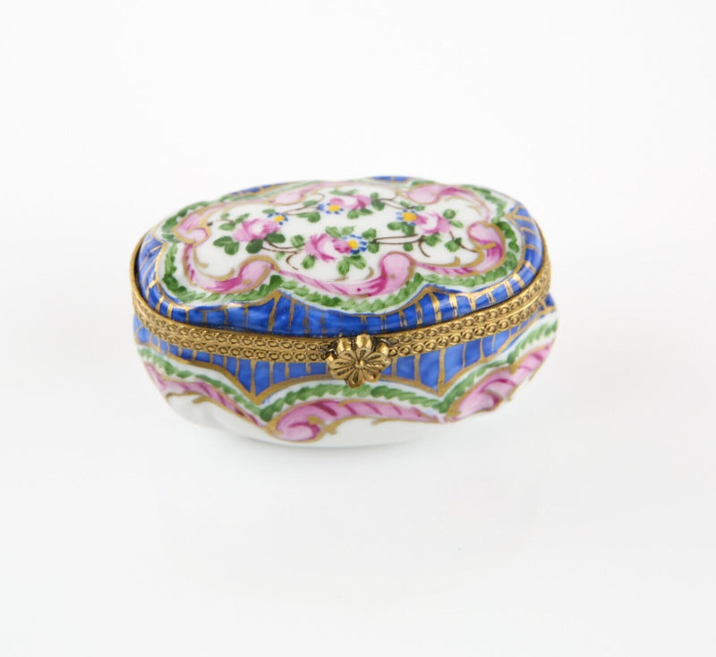 LIMOGES, FRANCE BLUE STRIPES AND PINK FLORAL ENAMEL TRINKET PILL JEWELLERY BOX