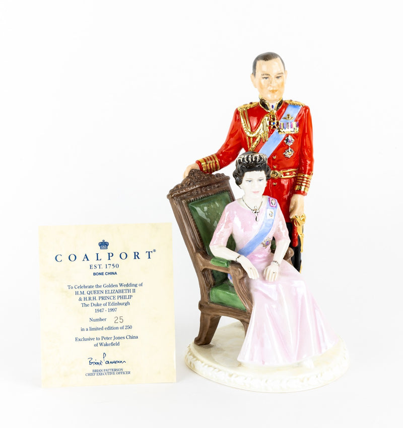 COALPORT - QUEEN ELIZABETH II & DUKE EDINBURGH GOLDEN WEDDING FIGURE & COA