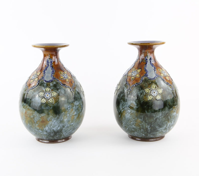 PAIR OF ROYAL DOULTON ART NOUVEAU FLORAL STONEWARE BALUSTER VASES