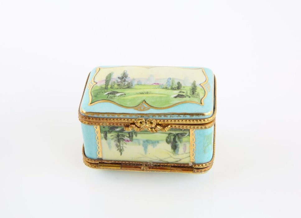 LIMOGES, FRANCE ENAMEL LANDSCAPE SCENE BLUE DOUBLE SIDED RECTANGULAR PILL BOX