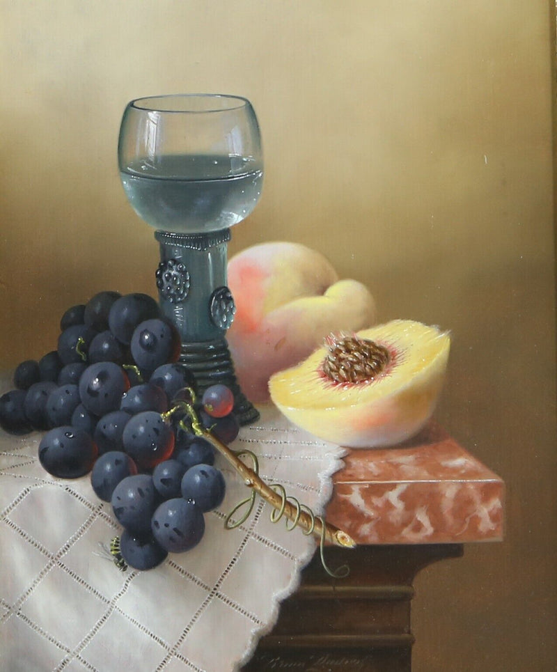 BRIAN DAVIES, STILL LIFE WITH WINE AND FRUIT, ORIGINAL OIL PAINTING, SIGNED