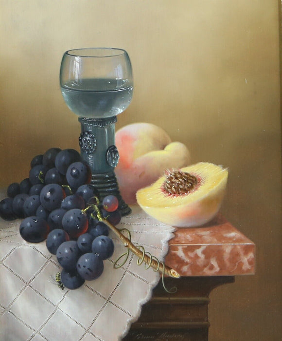 BRIAN DAVIES, STILL LIFE WITH WINE AND FRUIT, ORIGINAL OIL PAINTING, SIGNED