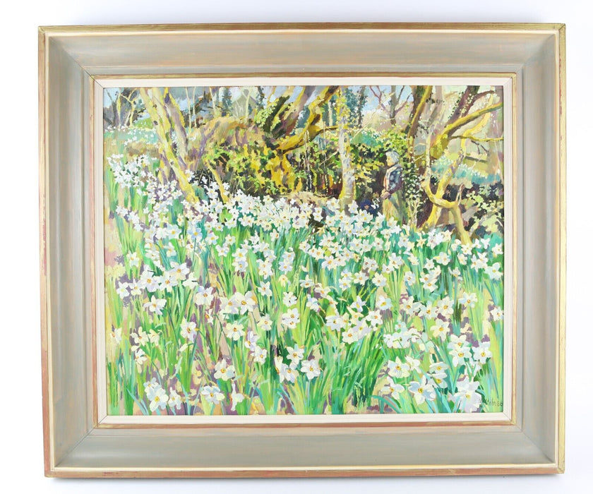 MARY MARTIN 'NARCISSI BY QUARRY' 1986 FLORAL FLOWER STUDY, OIL PAINTING, SIGNED