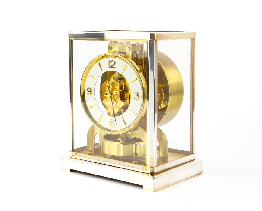 JAEGER LECOULTRE ATMOS RHODIUM PLATED SILVER COLOUR BRACKET MANTEL CLOCK, BOXED