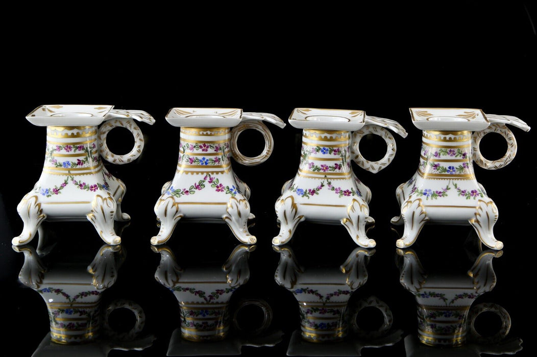 SET OF 4 DRESDEN FLORAL CERAMIC SQUARE HANDLED FOOTED CANDLESTICK HOLDERS