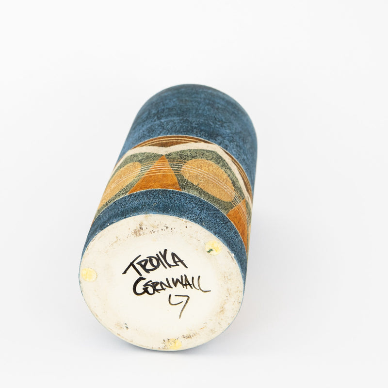 LOUISE JINKS for TROIKA - CORNWALL STUDIO ART POTTERY BLUE CYLINDER VASE, SIGNED