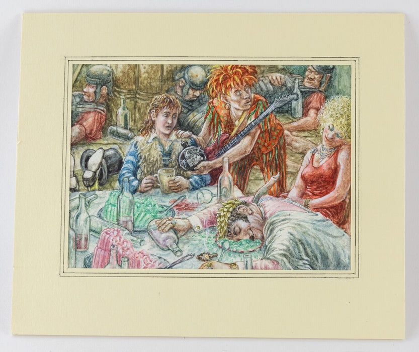 GRAHAM OAKLEY - JESTER OFFERING A BOTTLE TO DRUNKEN FIGURES, ORIGINAL ARTWORK