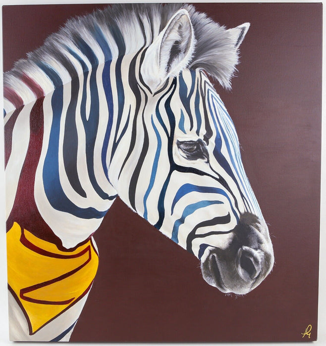 HAYLEY GOODHEAD, 'ZOOPERMAN II', SUPERMAN ZEBRA, ORIGINAL OIL PAINTING, SIGNED