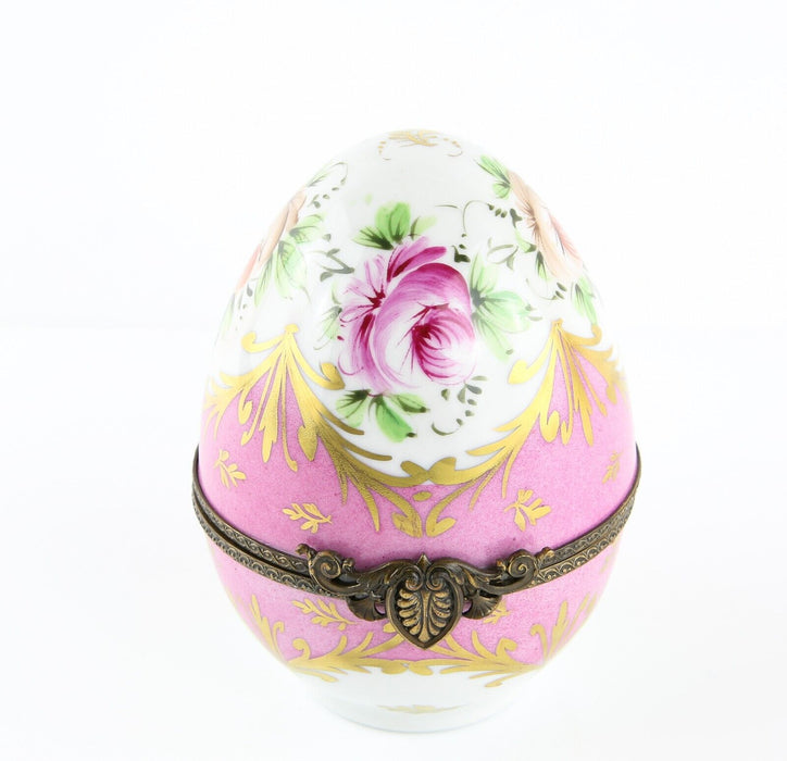 LIMOGES, FRANCE PINK FLORAL LARGE EGG SHAPED ENAMEL PILL TRINKET BOX