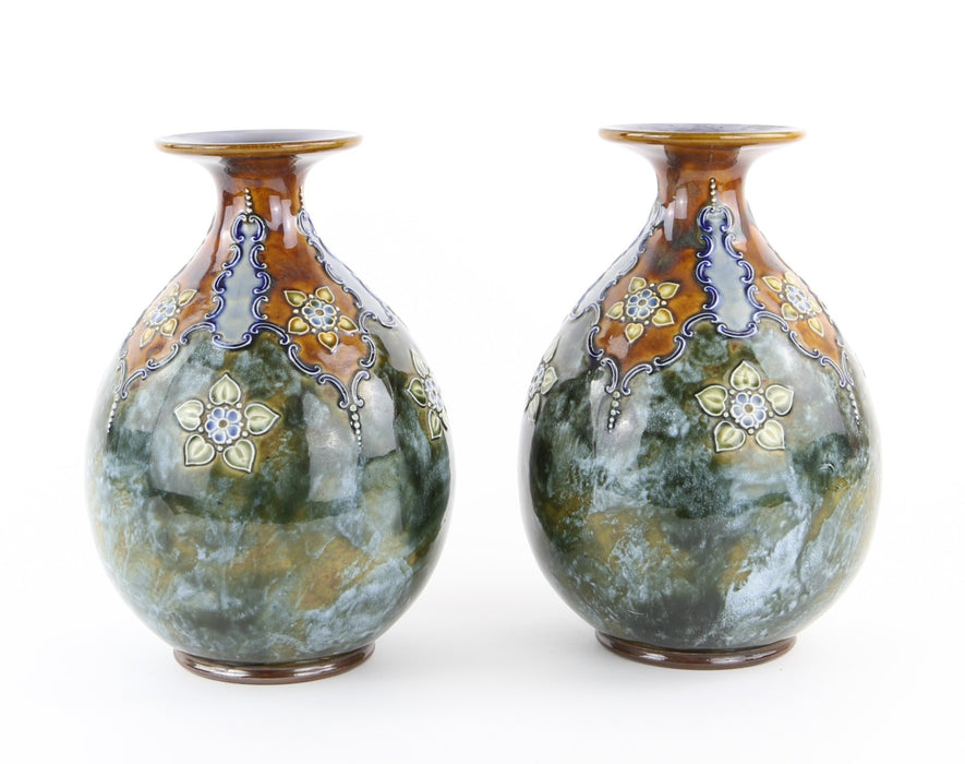 PAIR OF ROYAL DOULTON ART NOUVEAU FLORAL STONEWARE BALUSTER VASES