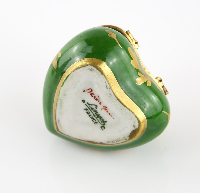 LIMOGES, FRANCE GREEN AND PINK FLORAL HEART ENAMEL TRINKET PILL JEWELLERY BOX