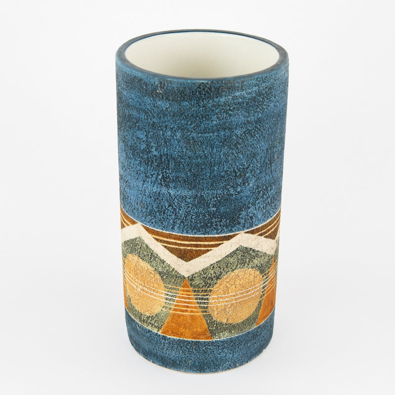 LOUISE JINKS for TROIKA - CORNWALL STUDIO ART POTTERY BLUE CYLINDER VASE, SIGNED