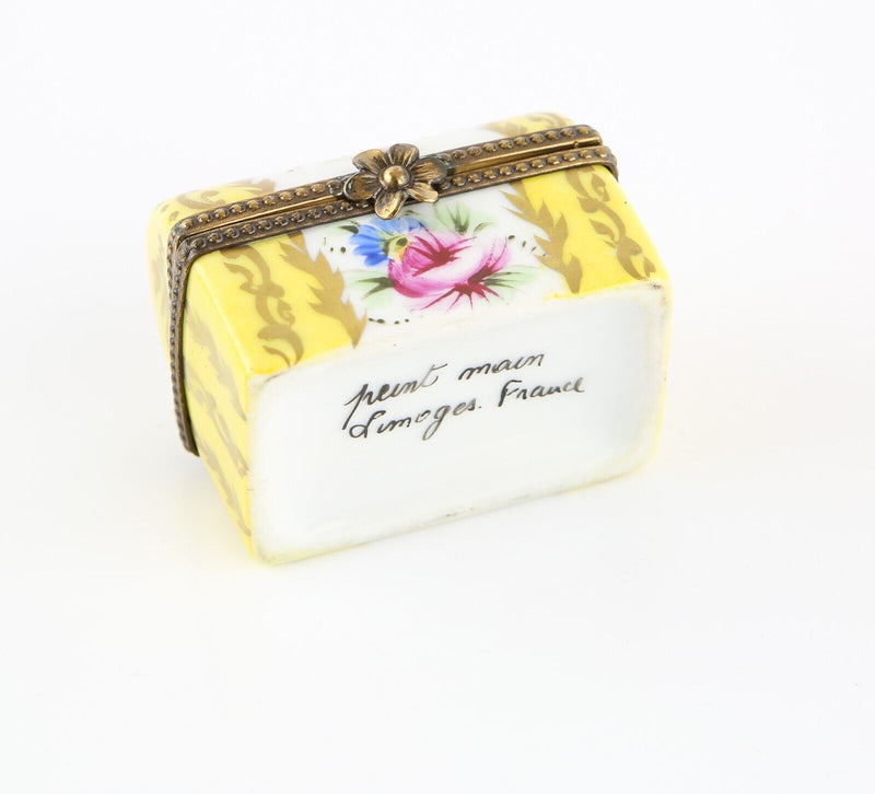 LIMOGES, FRANCE YELLOW FLORAL TRUNK CHEST ENAMEL TRINKET PILL JEWELLERY BOX