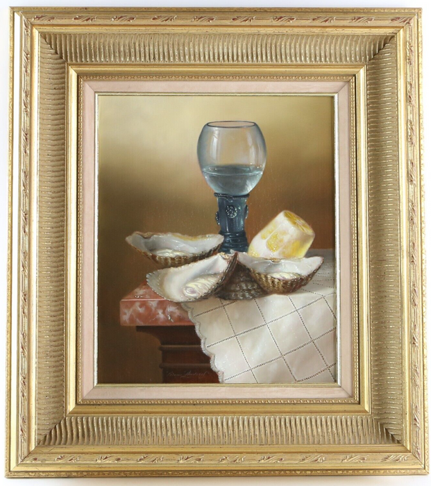 BRIAN DAVIES, STILL LIFE WITH WINE AND OYSTERS, ORIGINAL OIL PAINTING, SIGNED